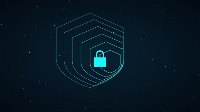 Cyber security shield animation with glowing digital padlock for data protection and network privacy concepts