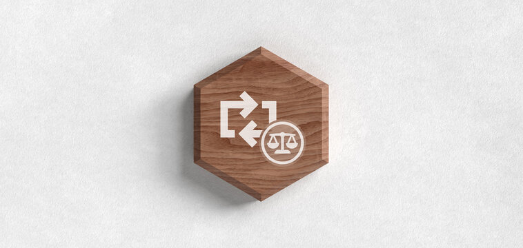3D wooden hexagon shape featuring an exchange icon combined with a law scale symbol on a white paper texture, representing legal changes, legislative updates, and balanced justice