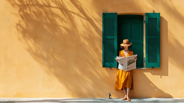 Young woman enjoying a warm sunny day, reading newspaper content beside a Mediterranean house with green shutters