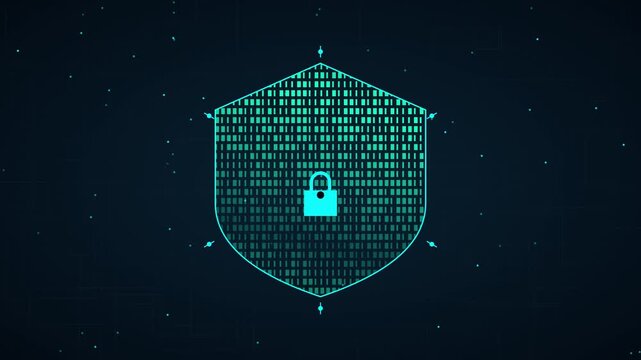Digital cybersecurity shield with binary code animation for data protection and network security concept