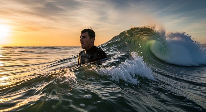 Surfer riding a powerful ocean wave at sunset.