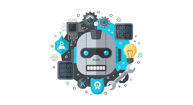 AI and Machine Learning Technology Concept Illustration: Robot Head with Microchip, Binary Code, Gears, and Lightbulb Icons Representing Automation and Innovation.