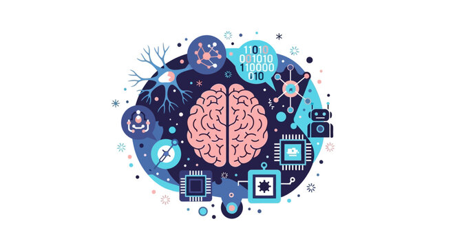 Artificial Intelligence AI and Machine Learning Concept with Human Brain, Neural Networks, Microchips and Data Icons Flat Vector Illustration on White Background