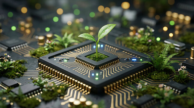 Green Plant Growing From Microchip Processor On Circuit Board Concept Of Sustainable Technology