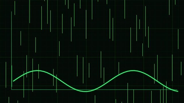 Digital sine wave oscilloscope animation, green data visualization background, scientific frequency signal motion