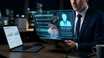 Fototapeta premium A professional businessman using a futuristic holographic interface