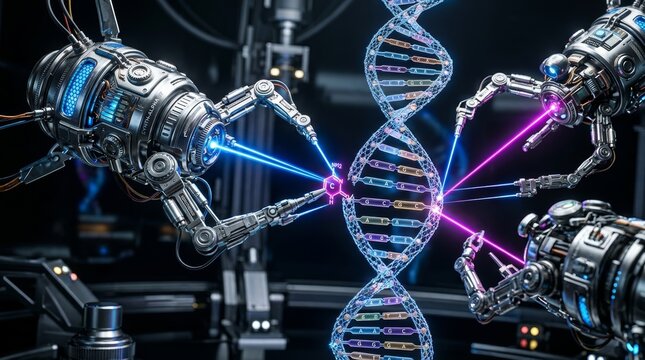 The image depicts robotic arms operating with advanced lasers to manipulate a glowing, multi-colored DNA helix suspended in a dark, high-tech laboratory environment.