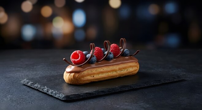 Gourmet chocolate eclair topped with fresh raspberries, blueberries and chocolate curls on black slate plate over dark bokeh background