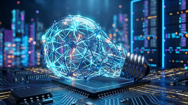 Digital Artificial Intelligence Concept Glowing Neural Network Inside Light Bulb Technology Innovation Idea