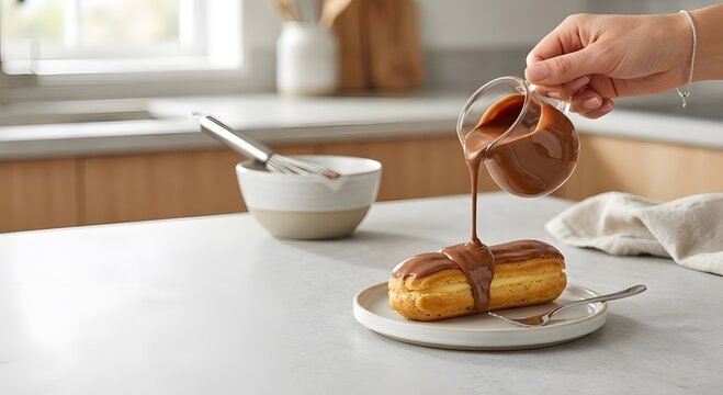 Woman hand pouring melted chocolate glaze onto fresh french eclair on a light kitchen background