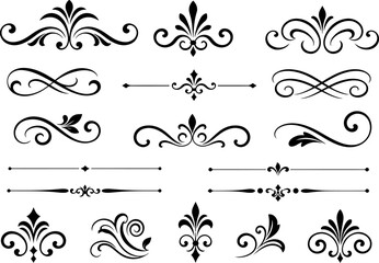 Vintage decorative divider collection featuring elegant text separators, ornamental page borders and classic flourish elements with decorative swirls and rule line designs. Vector illustration EPS © arraygraphic1