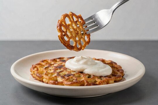 Plate of dranikis topped with sour cream, arranged in circular pattern. Concept of crispy potato pancakes with sour cream on textured surface against light-colored background.