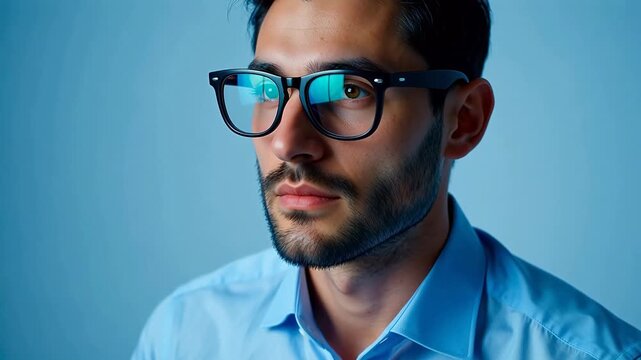 Man with glasses and beard in blue shirt