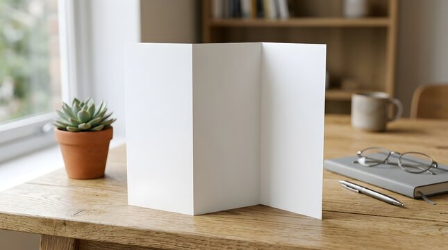 Blank white tri fold brochure standing upright on a rustic wooden table featuring soft natural lighting and minimalist professional style