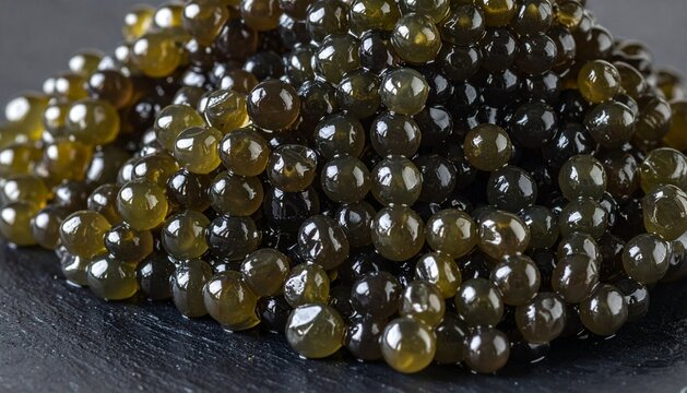 Macro Close-up of Premium Black Sturgeon Caviar Roe on Dark Background