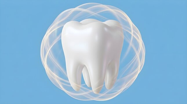 Pristine white human tooth floating inside a translucent glowing protective sphere against a soft solid light blue studio background wall