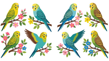 Fototapeta premium Eight illustrations of parakeets perched on blooming branches with flowers.