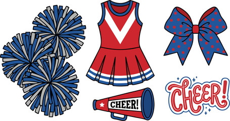 Cheerleading Vector Set with Pom Poms, Uniform, Bow, Megaphone and Cheer Lettering © Amanda