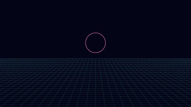 Retro synthwave grid background, with glowing pink, circle, 80s vaporwave, aesthetic motion loop