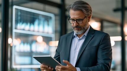 Fototapeta premium Executive reviewing AI generated market insights on tablet, strategic planning, enterprise AI, business innovation, leadership, modern office, premium stock photography