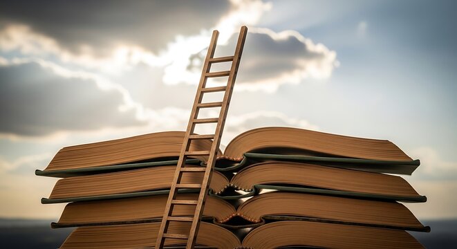 Wooden ladder leaning against a tall stack of old books under a cloudy sky
