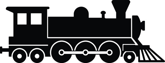 Minimal vector silhouette, train locomotive side view with engine and wheels, solid black, isolated on white background. © Saruf