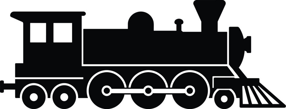 Minimal vector silhouette, train locomotive side view with engine and wheels, solid black, isolated on white background.