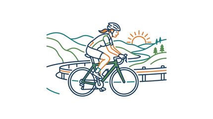 Obraz premium Woman cycling on scenic mountain road, sunrise, healthy lifestyle, outdoor activity