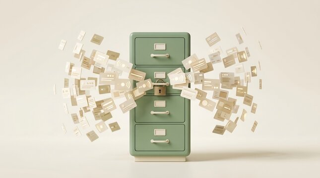 3D Render of a Green Filing Cabinet with a Golden Padlock and Floating Data Cards Representing Data Security