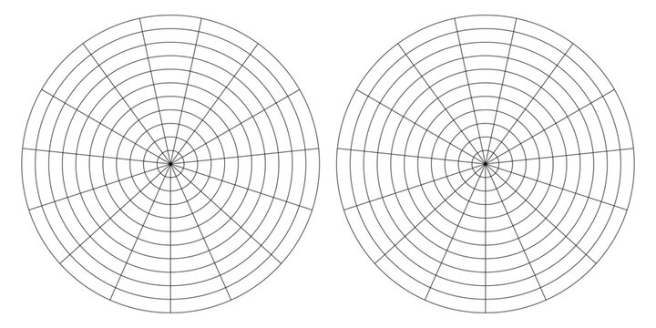 Coaching tool. Polar grid of 10 segments and 5 concentric circles. Circle diagram of lifestyle balance. Wheel of life template. Vector blank polar graph paper. Blank.