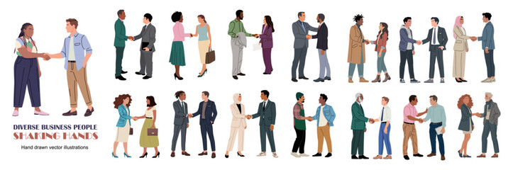 Obraz premium Diverse individuals shake hands, symbolizing agreement or partnership. People stand in various professional or social group settings.