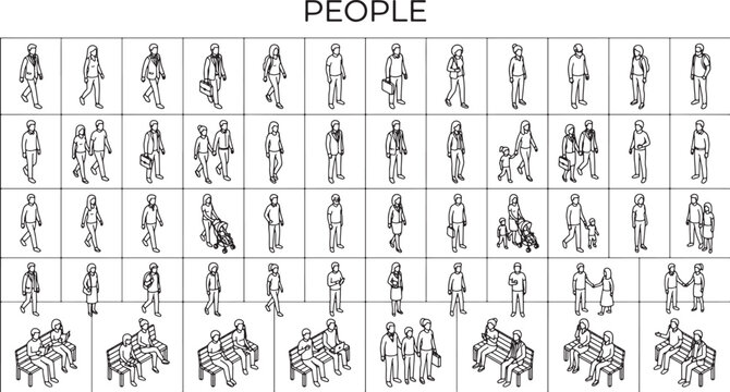 Set of isometric people silhouettes walking and sitting on benches for architectural visualization and urban design projects