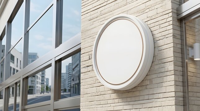 Blank circular white sign mounted on a rustic beige brick wall outside a modern glass building during the bright daytime