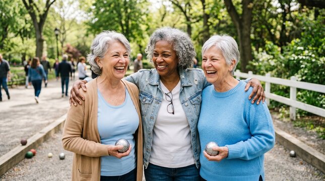 Three senior women laughing and holding bocce balls in a park setting