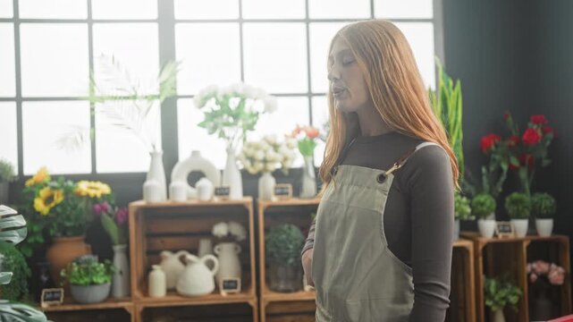 Woman florist in apron stands with hand in pocket near arranged flowers by a large window in a studio; quiet contemplation.