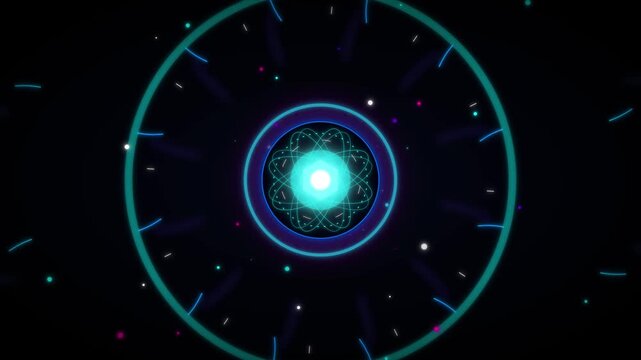 Neon atom model science background: glowing quantum particle motion loop physics