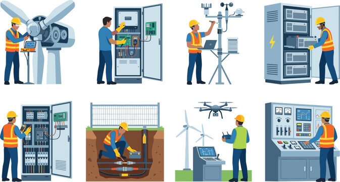 Renewable energy technicians and electrical engineers maintaining wind turbine power systems vector illustration set
