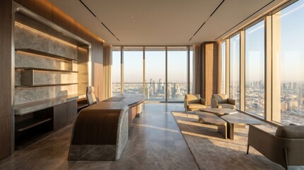 Fototapeta premium Expansive high-end executive office interior with impressive city views at golden hour and luxurious design