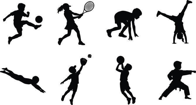 Active children playing various sports and athletic activities black vector silhouettes set for youth fitness concepts