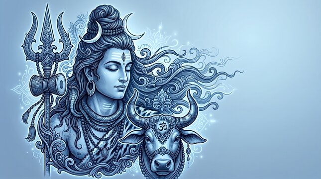 Lord Shiva vector illustration with Nandi bull trishul and elegant floral ornaments