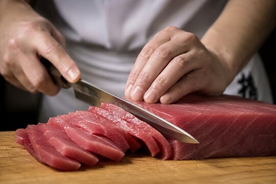 cutting tuna with knife