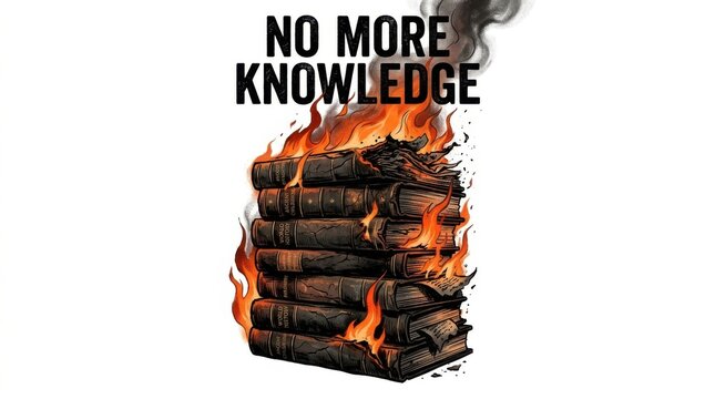 Burning stack of books with no more knowledge text on top isolated on white background