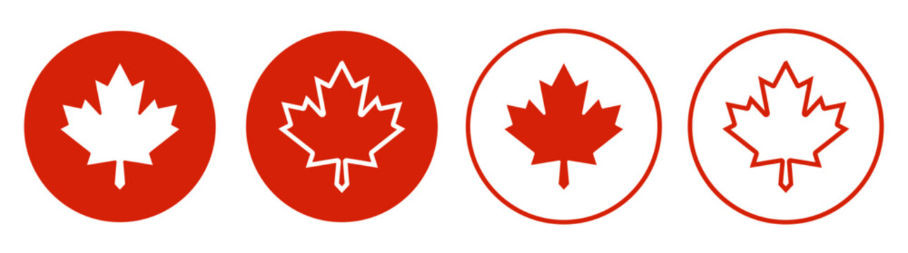 Maple Leaf Circular Icon Set, Red and White Canada Flag Badge Signs, National Canadian Emblem Vector Illustrations, Autumn Fall Symbols in Flat and Outline Style