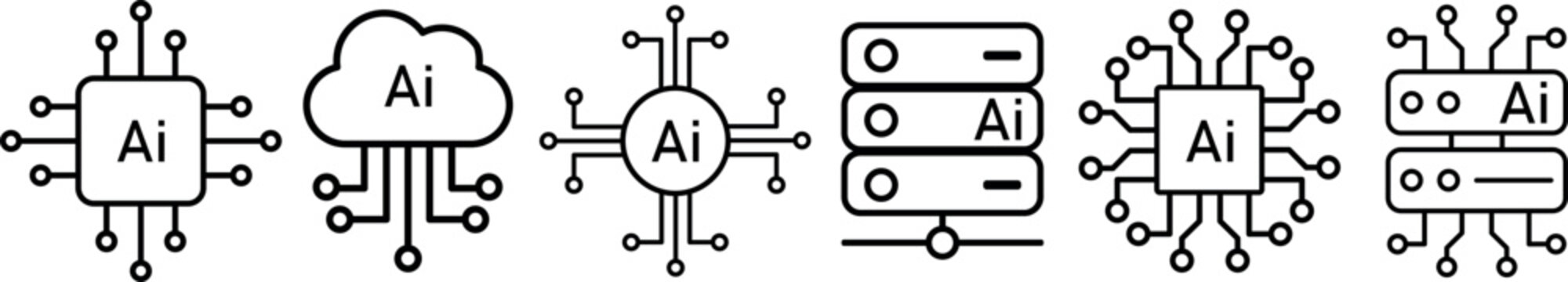 Artificial intelligence AI processor chip vector icon symbol. ai server icon line style database computing editable stroke vector set. AI system icon illustration vector.