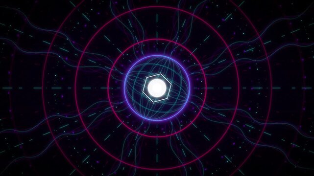 Neon cybernetic core abstract background, with pulsing geometric, rings and light waves