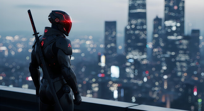A futuristic soldier stands on a rooftop overlooking a cityscape at dusk with a sword