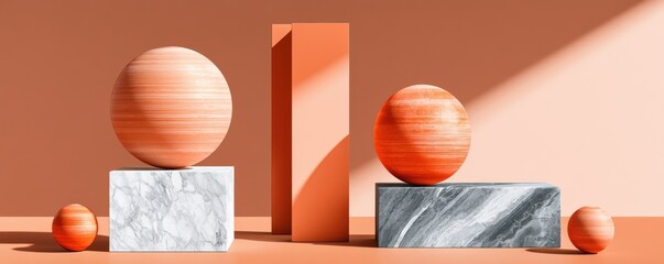 Fototapeta premium Minimalist composition of peach spheres on marble blocks with geometric balance and soft shadows