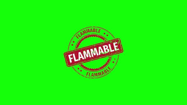 Flammable warning sign stamp Animation with Grunge Distressed Texture on green screen background