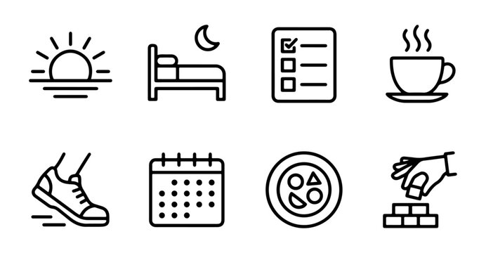 Daily routine line icon set with sunrise sleep checklist running mood blocks for habit app