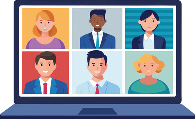 Fototapeta premium Video conference call with diverse business team laptop screen isolated on transparent background